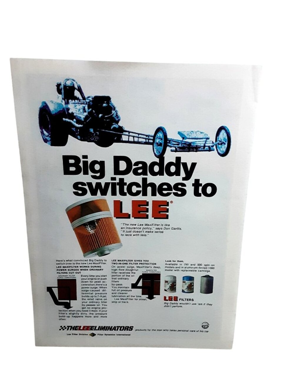 1971 Don Garlits Lee Filters Vintage Ad Big Daddy Drag Racing Oil Filter